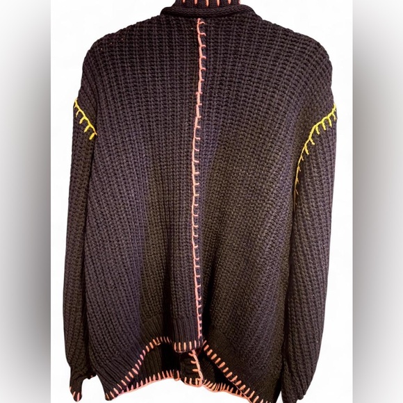 POL Medium Black Chunky Knit Crochet Cardigan Pink & Yellow Whip Stitching NWOT - Picture 8 of 10